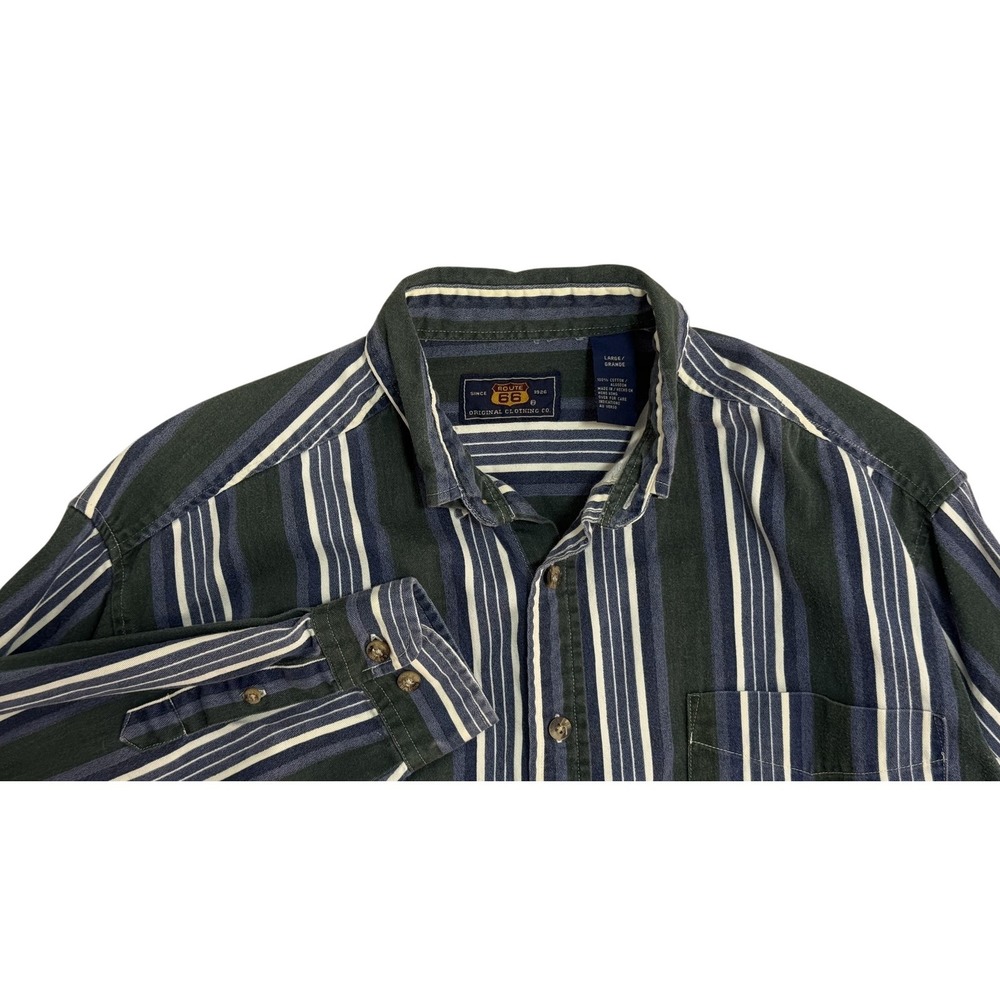 Vintage Route 66 Shirt Mens Large Green Blue Stripe Long Sleeve Button Up Cotton